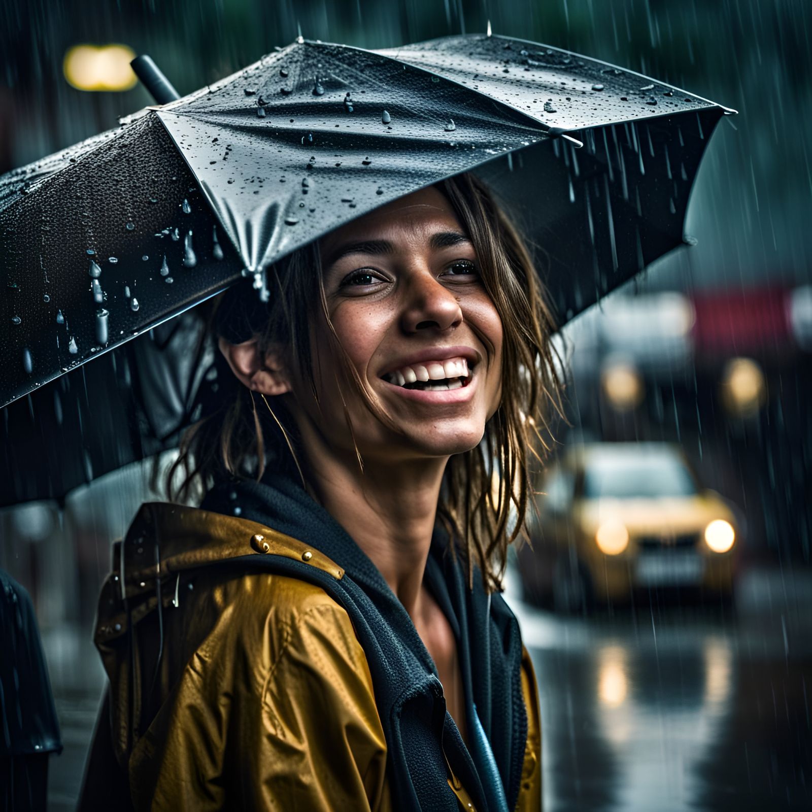 Happy Woman in Rainstorm, Hyperrealistic Image