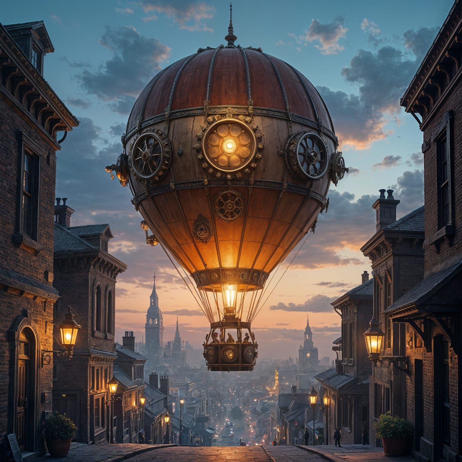 Steampunk Hot Air Balloon Over Retro-Futuristic City