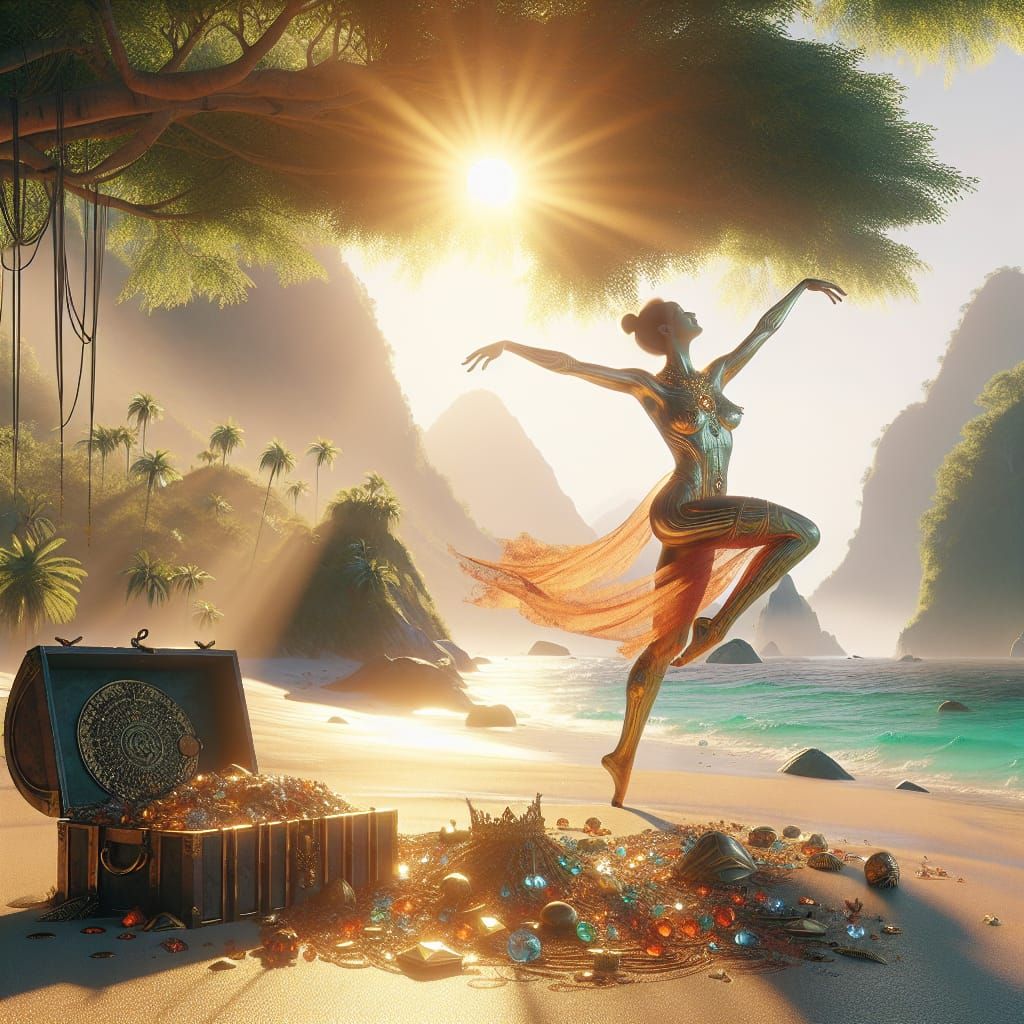 Joyful Beach Dance: Spiritual Figure with Treasure