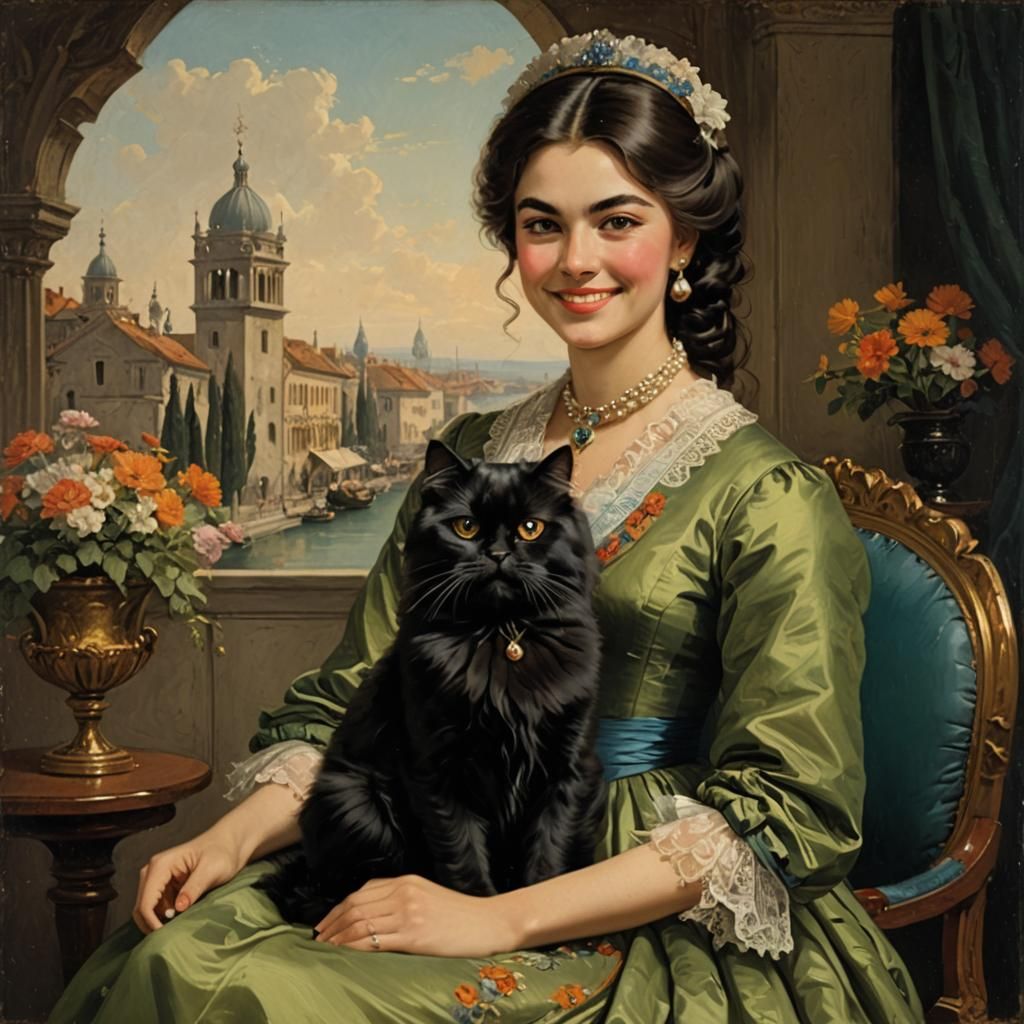 Elegant Woman with Persian Cat in Storybook Illustration