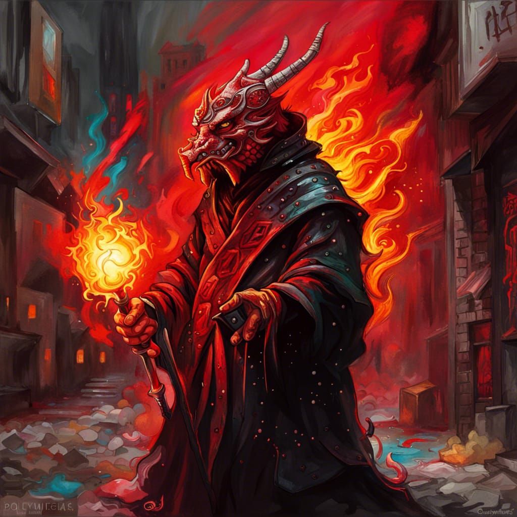 Dragonborn Wizard Breathing Fire in Graffiti Art