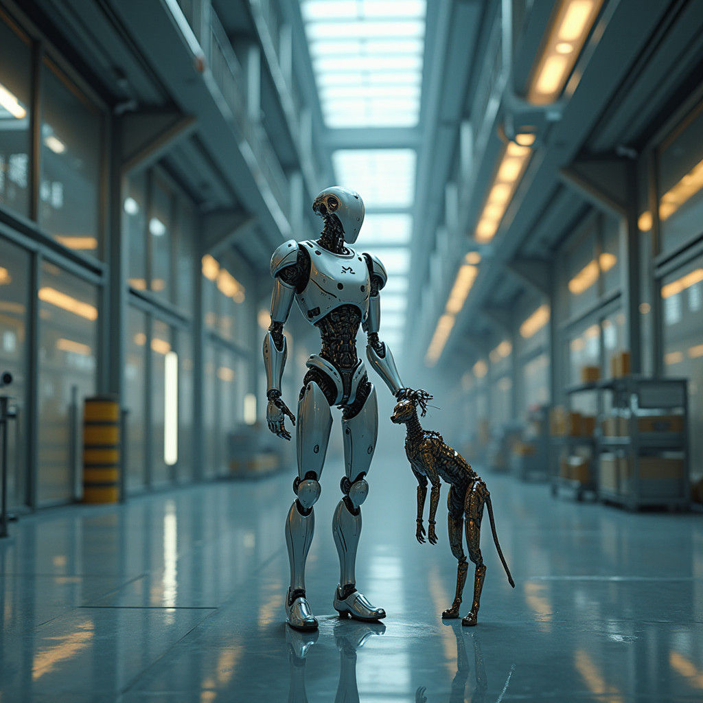 Robot Factory Assembling Metallic Cat: Digital Art