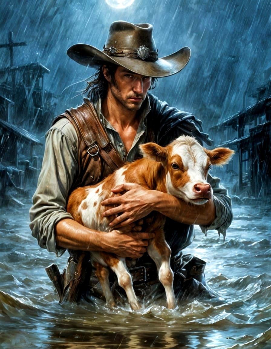 Cowboy Rescues Calf in Stormy Floodwaters