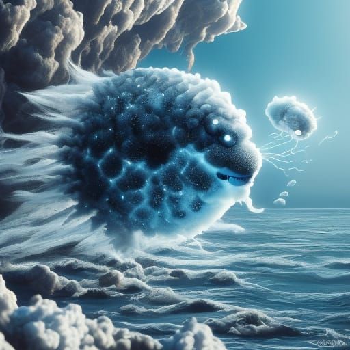 Smiling Sea Caricature with Humanoid Waves