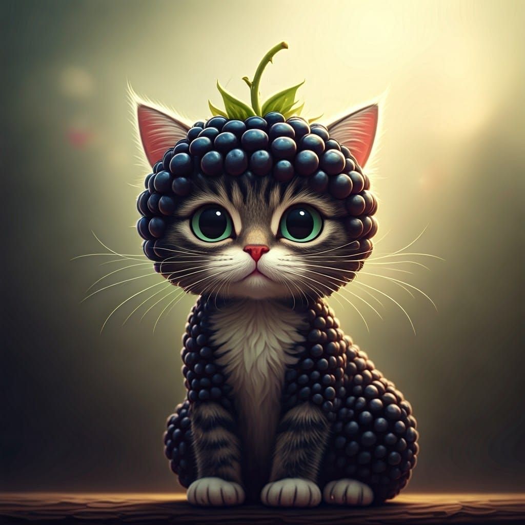 Whimsical Kawaii Feline with Blackberry Features in Ghibli S...