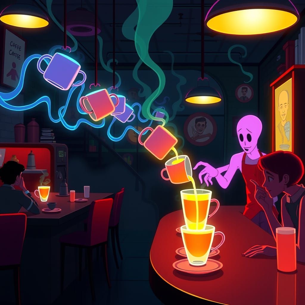 Otherworldly Cafe with Floating Mugs