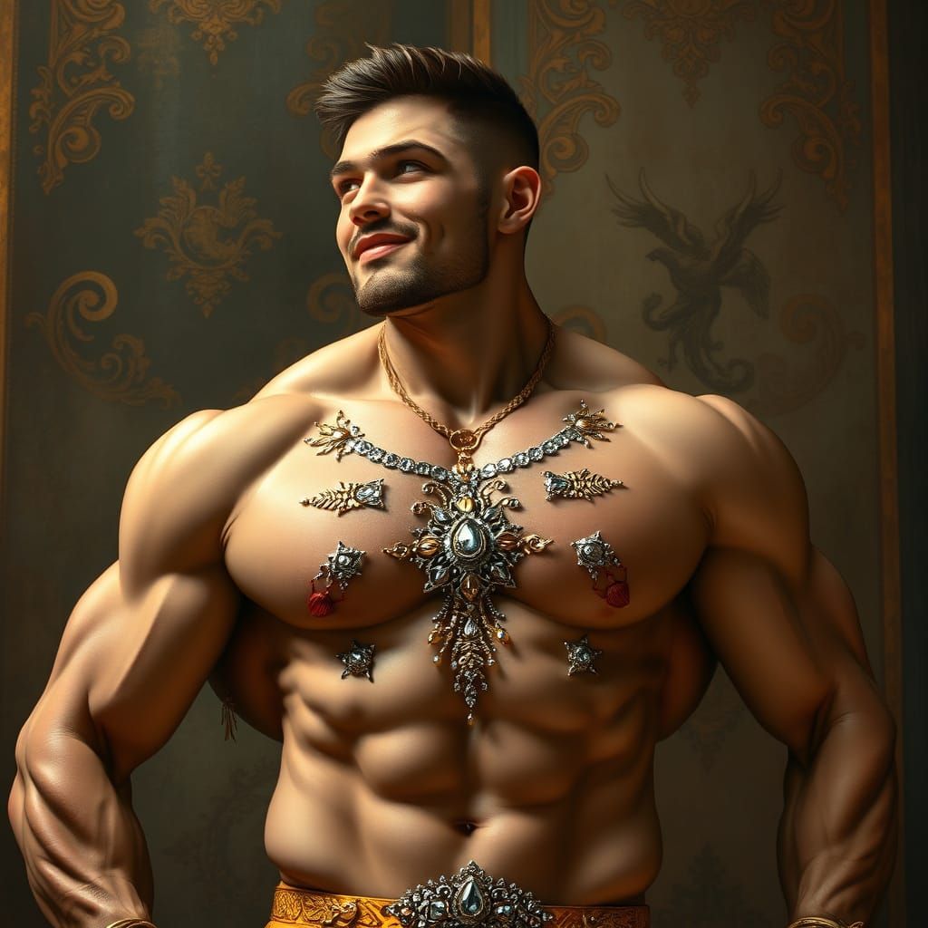 Seductive Muscular Man in Ornate Persian Attire