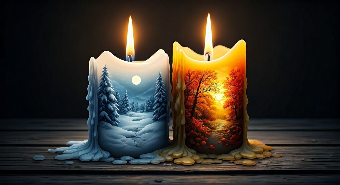 Two half-burned candles, entwined in a gentle spiral, occupy 4/10 of the frame. Intricately entwined white and yellow ca...