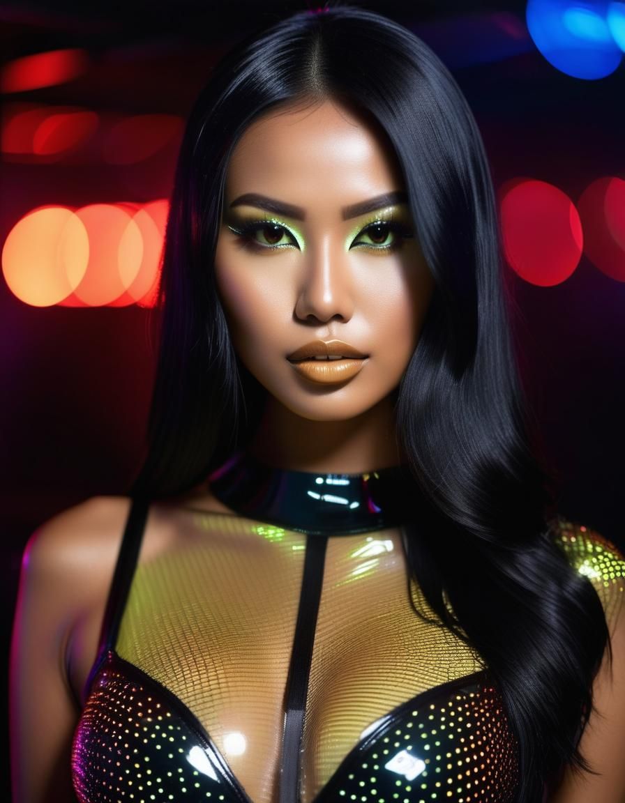 Indonesian Woman in Nightclub with Neon Lights