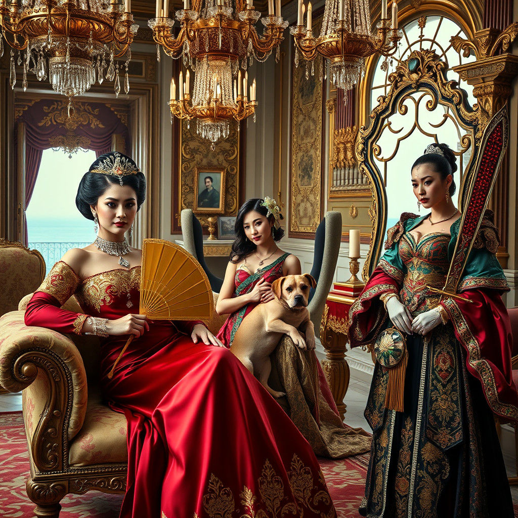 Opulent Wives in Lavish Palace Hall, Baroque Style