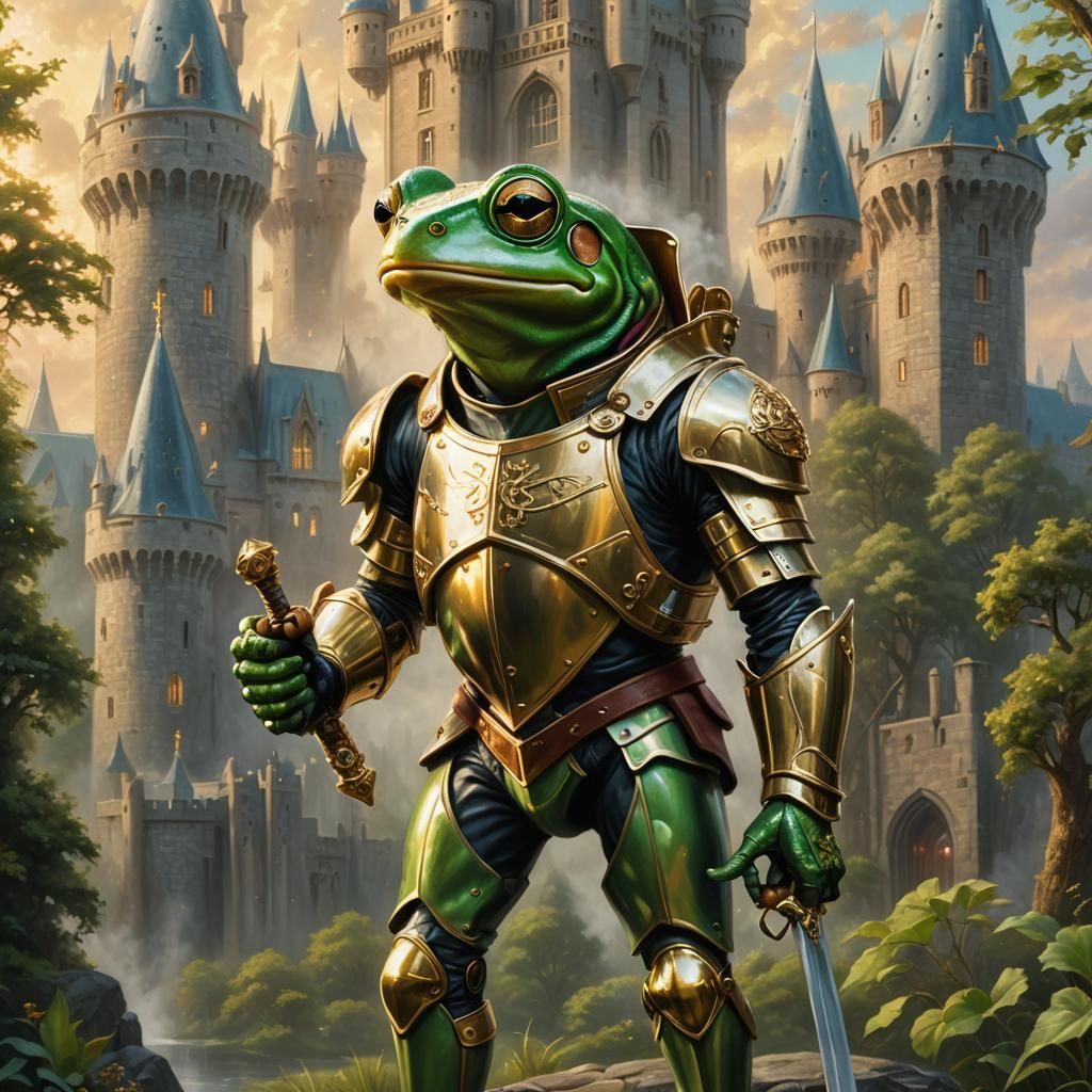 Frog Knight Guarding Hogwarts: Ethereal Oil Painting
