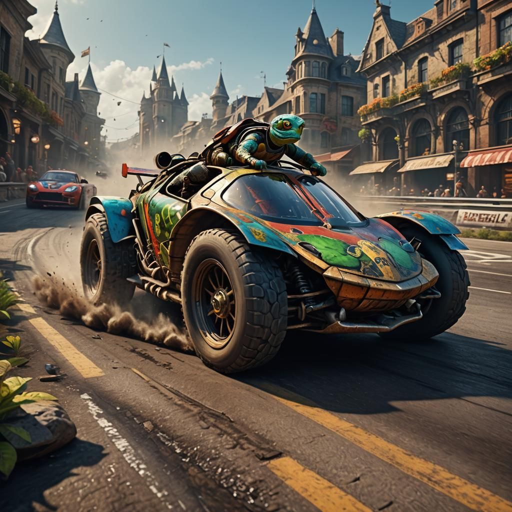 Turtle Races in a Fantastical Car, Digital Painting