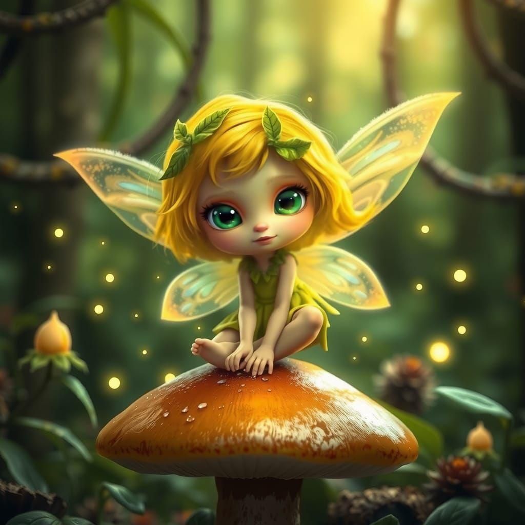 Adorable Fairy on Mushroom in Enchanted Forest
