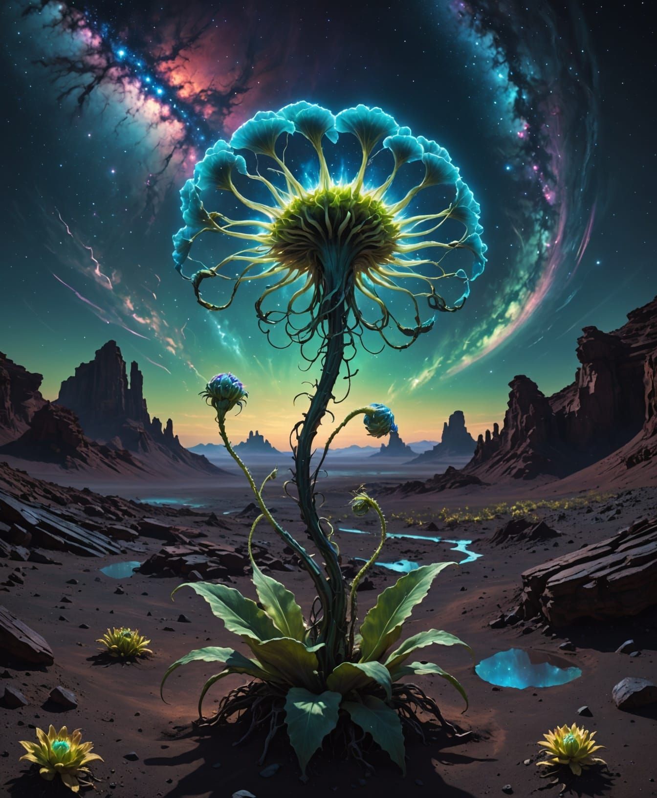 Alien Bioluminescent Plant Under Nebula Sky