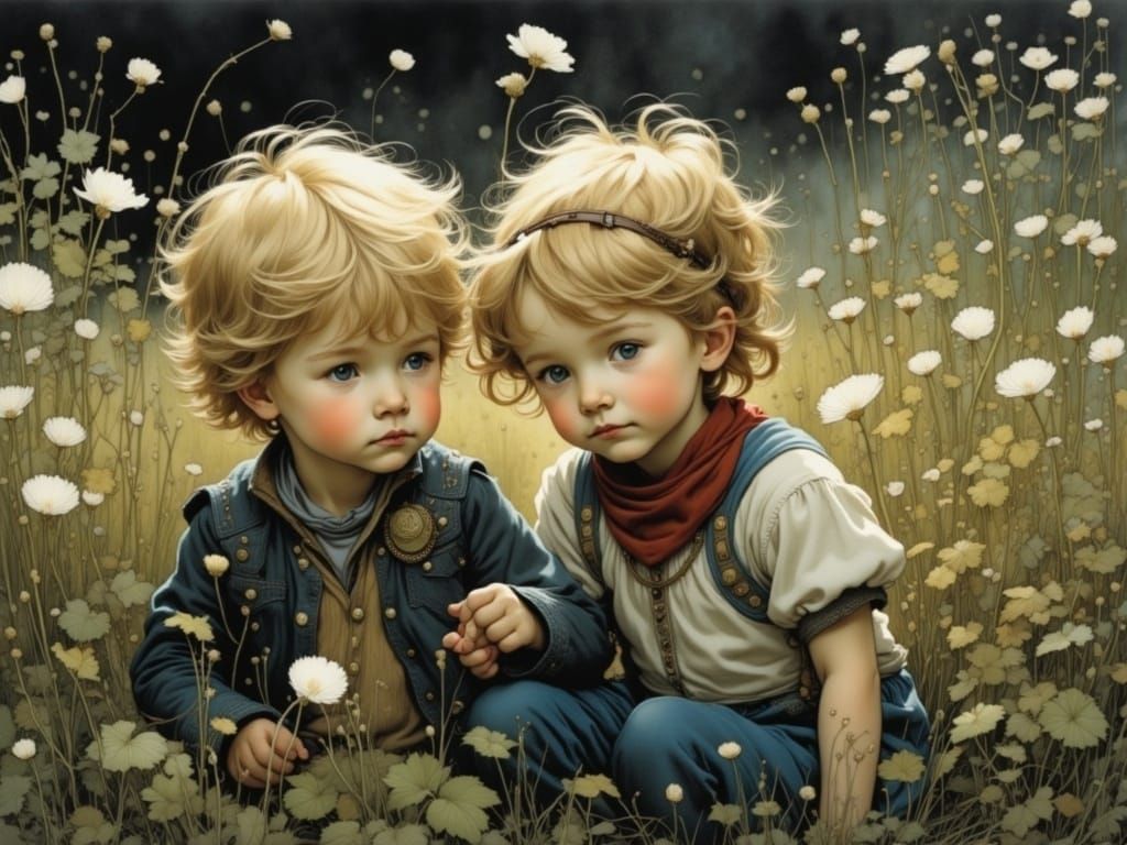 Siblings' Joyful Moment Amidst Wildflowers