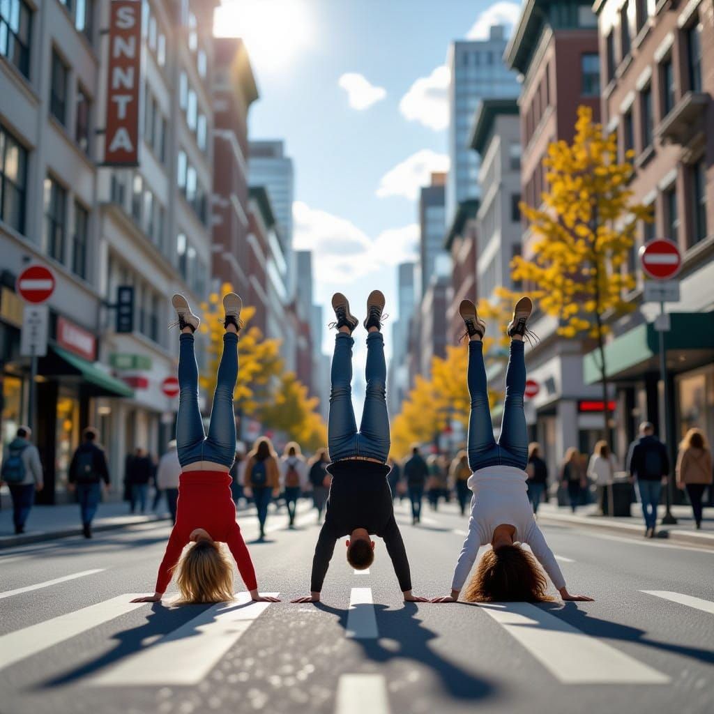 Hyperrealistic City Scene: People Walking on Hands Under Sun...