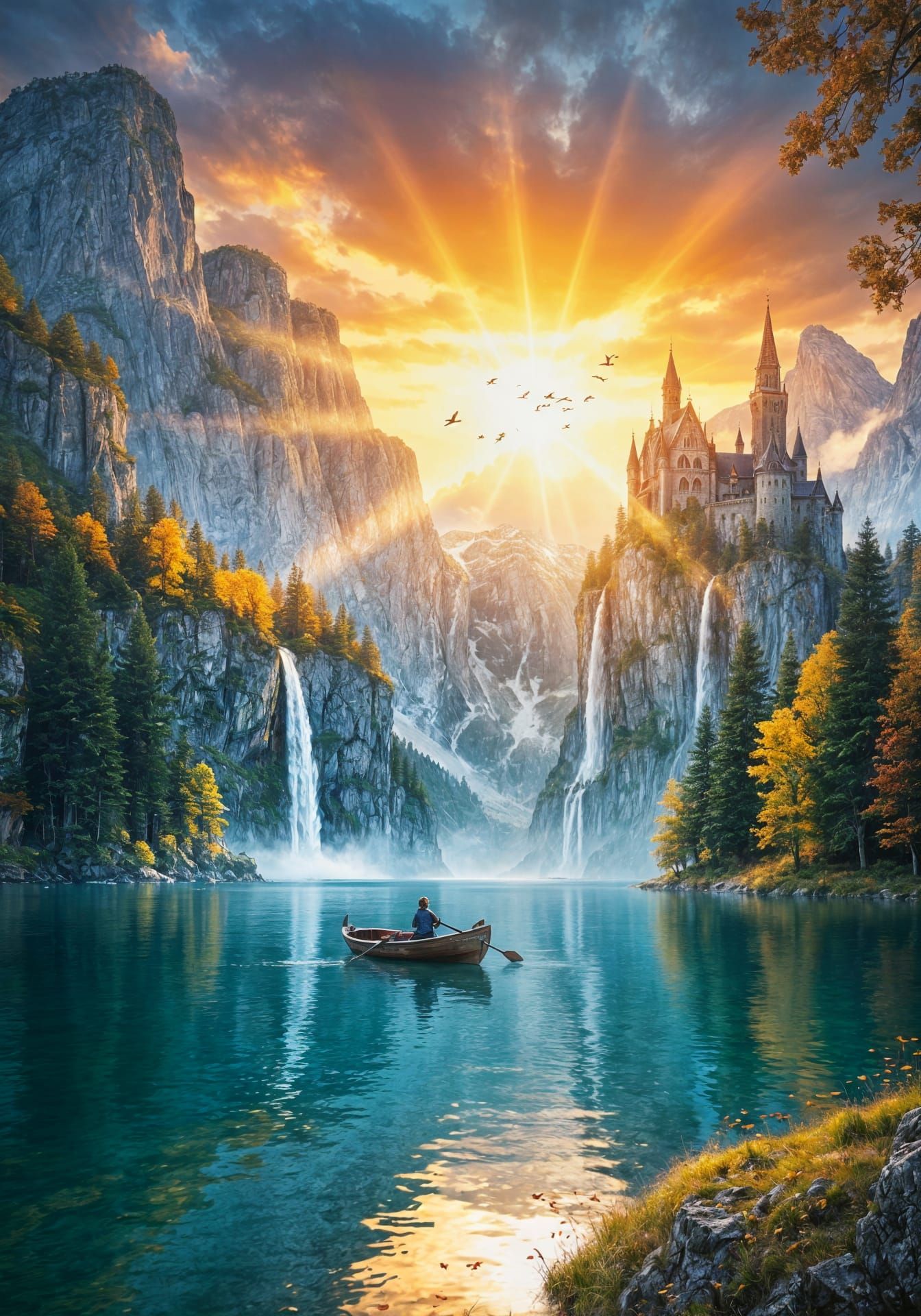 Majestic Gothic Castle on Mountain Lake at Sunset