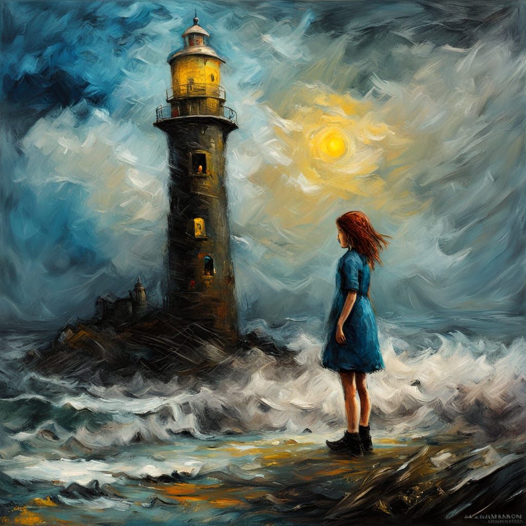 Girl on Shore Near Lighthouse as Impasto Painting