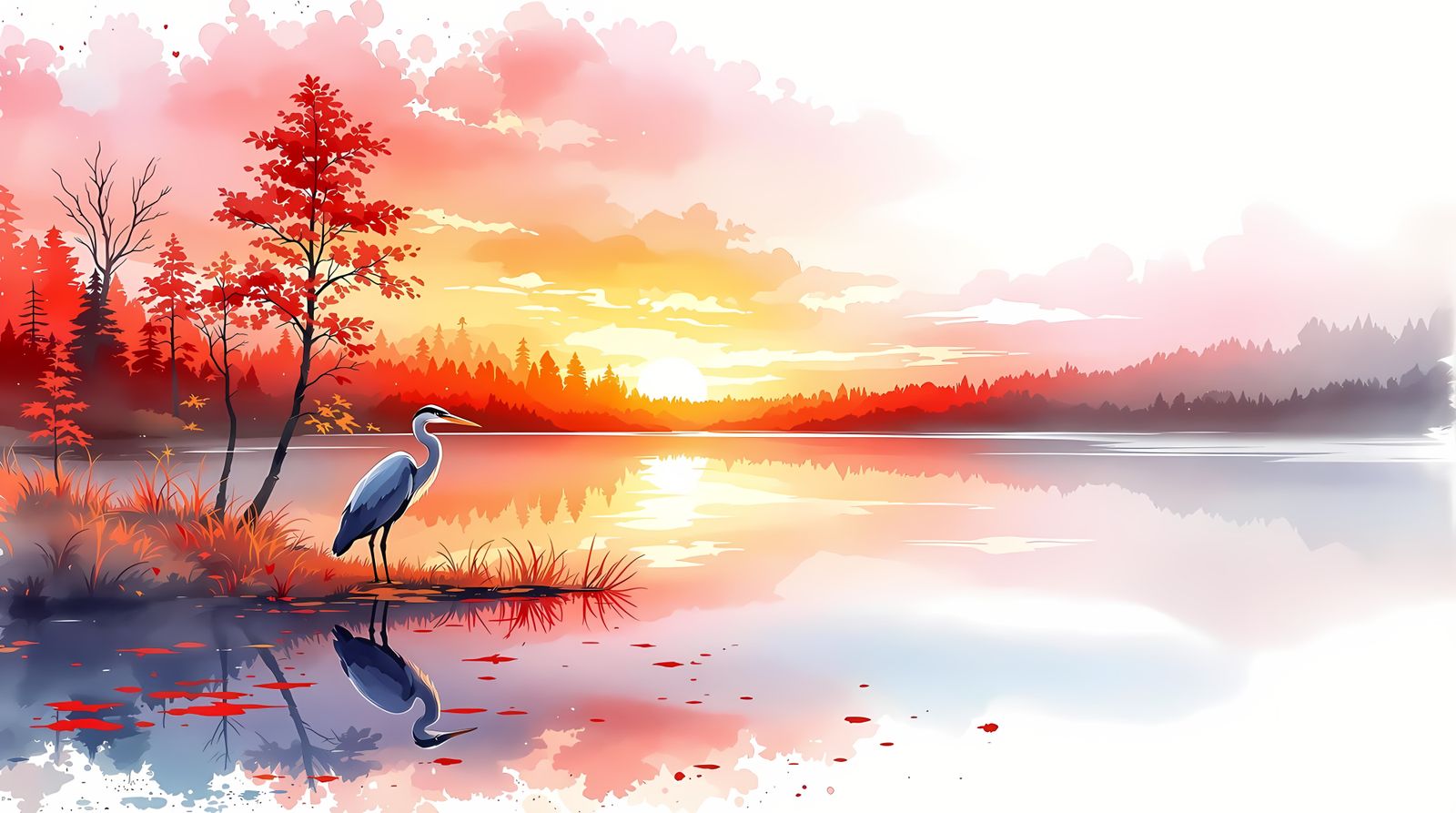 Surreal Watercolor Heron in Autumn Sunset Glow