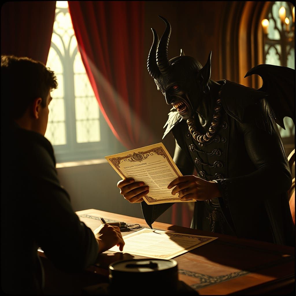 Cinematic Devil Offers Contract in Dramatic Film Still