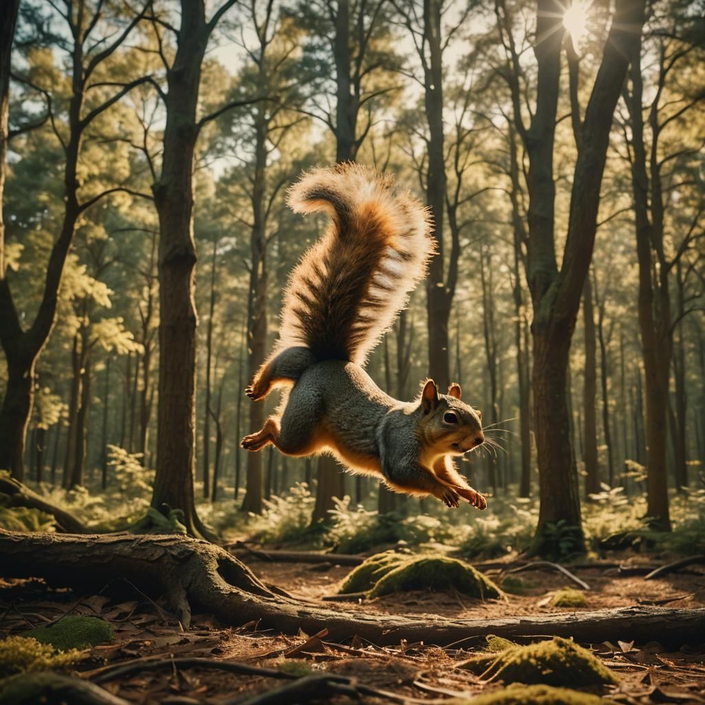 Squirrel Acrobat in Forest: Cinematic Still