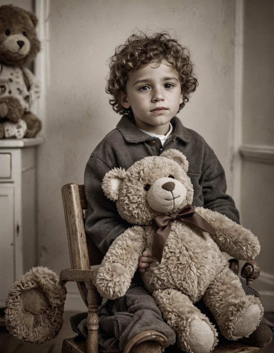 Child with Teddy Bear: Black and White Portrait
