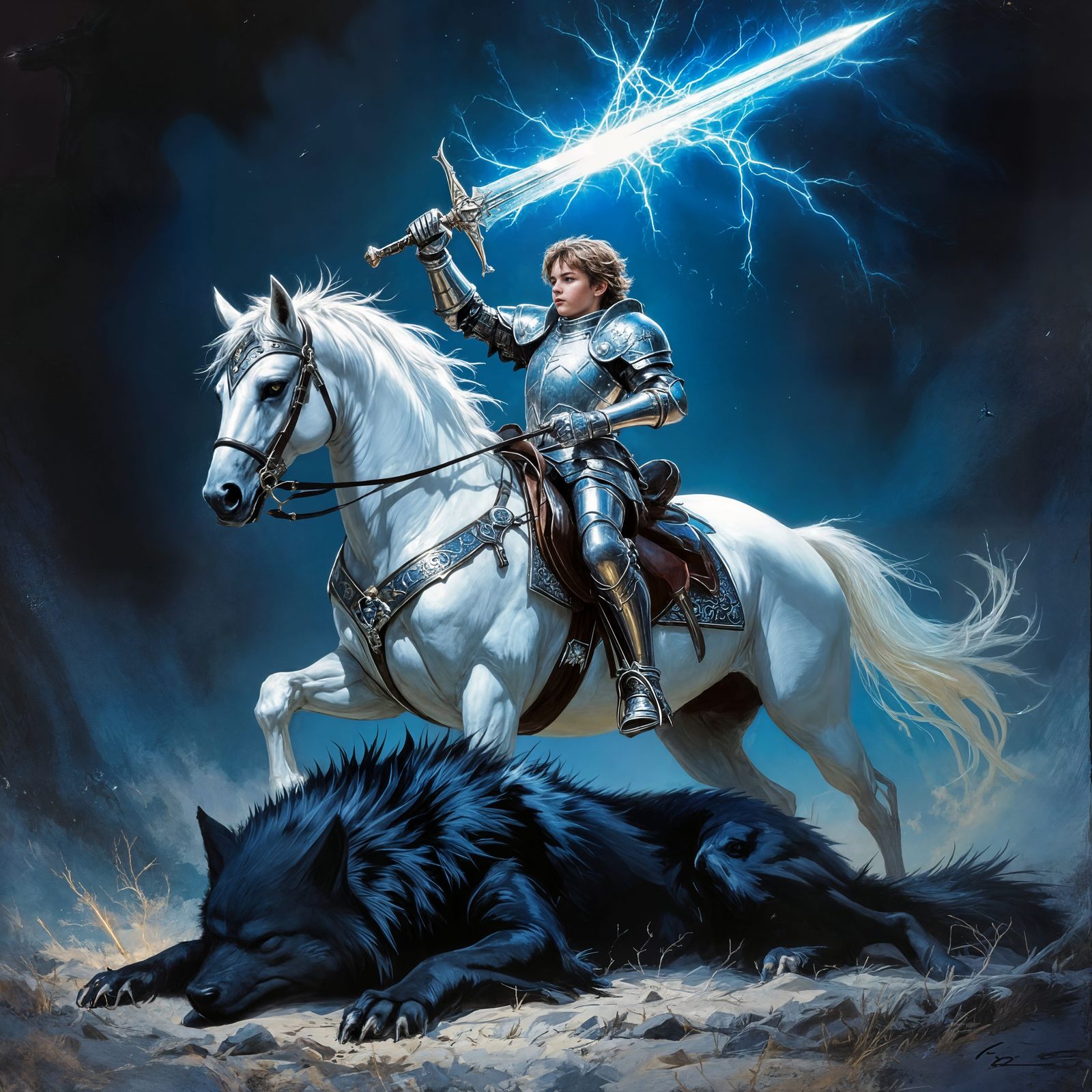 Knight Slaying Giant Evil Wolf on Horseback