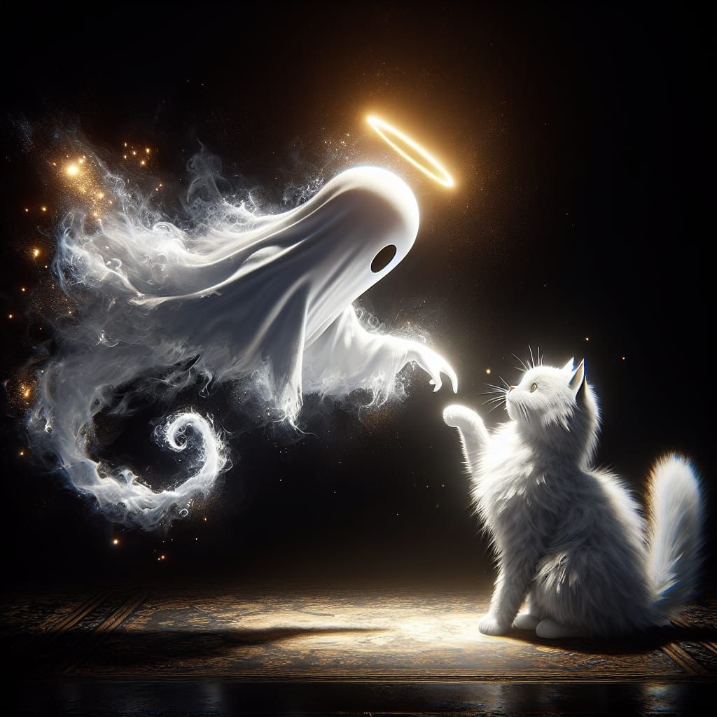 Playful Ghost and Cat in Dark Room