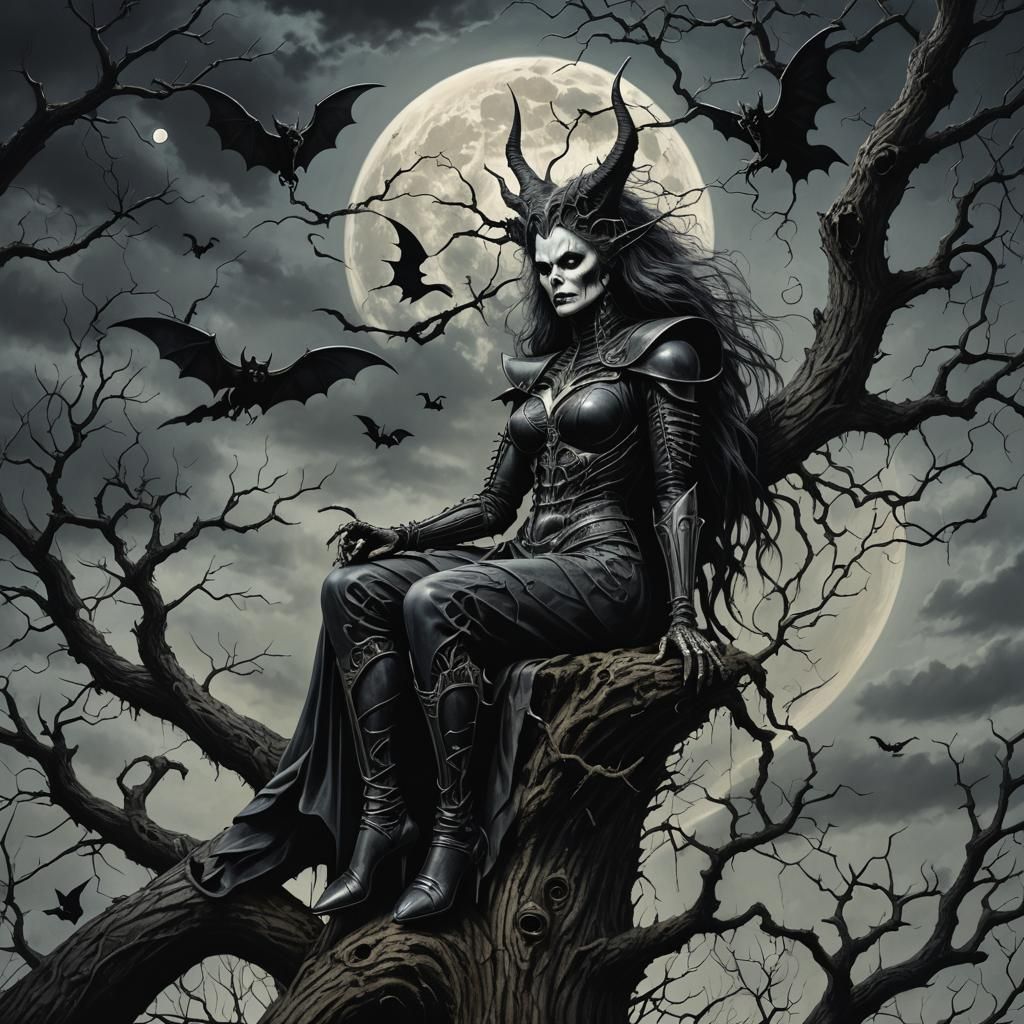 Giger-Inspired Witch in a Tree at Night