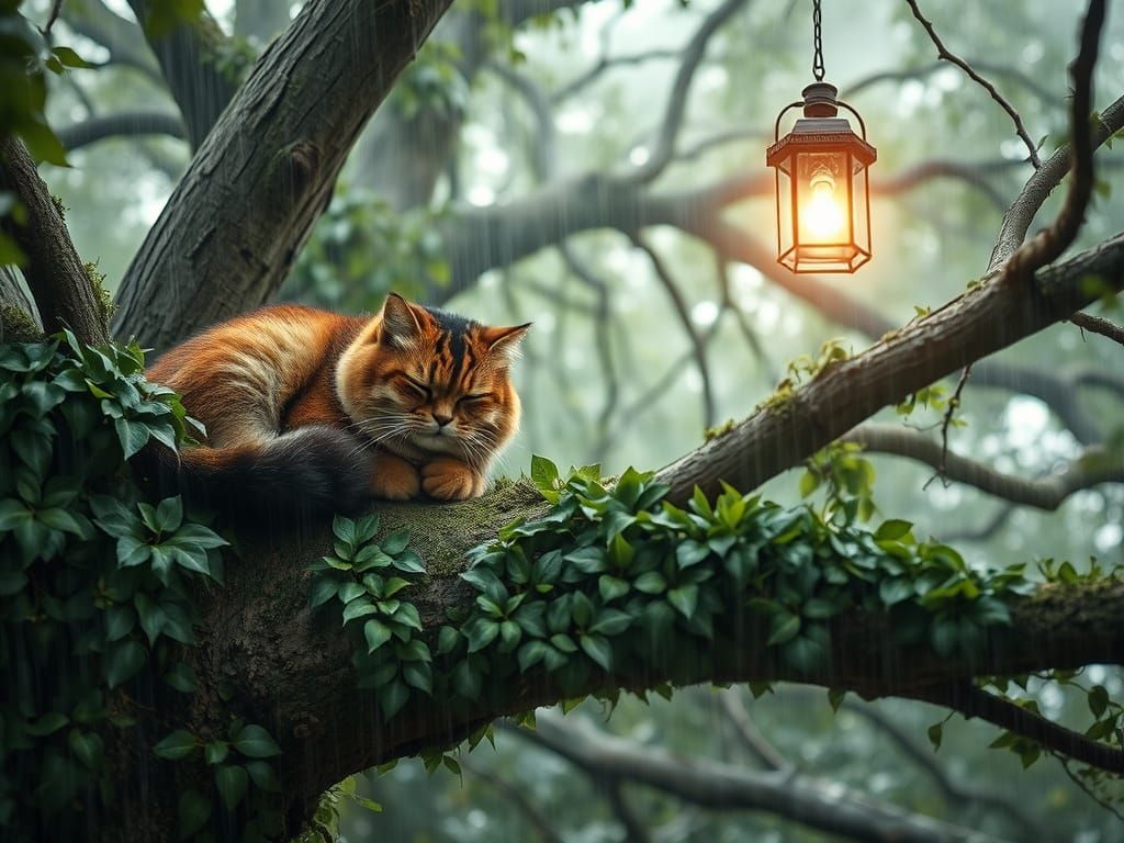A Smoky Cat Slumbers in a Dense Tree Crown