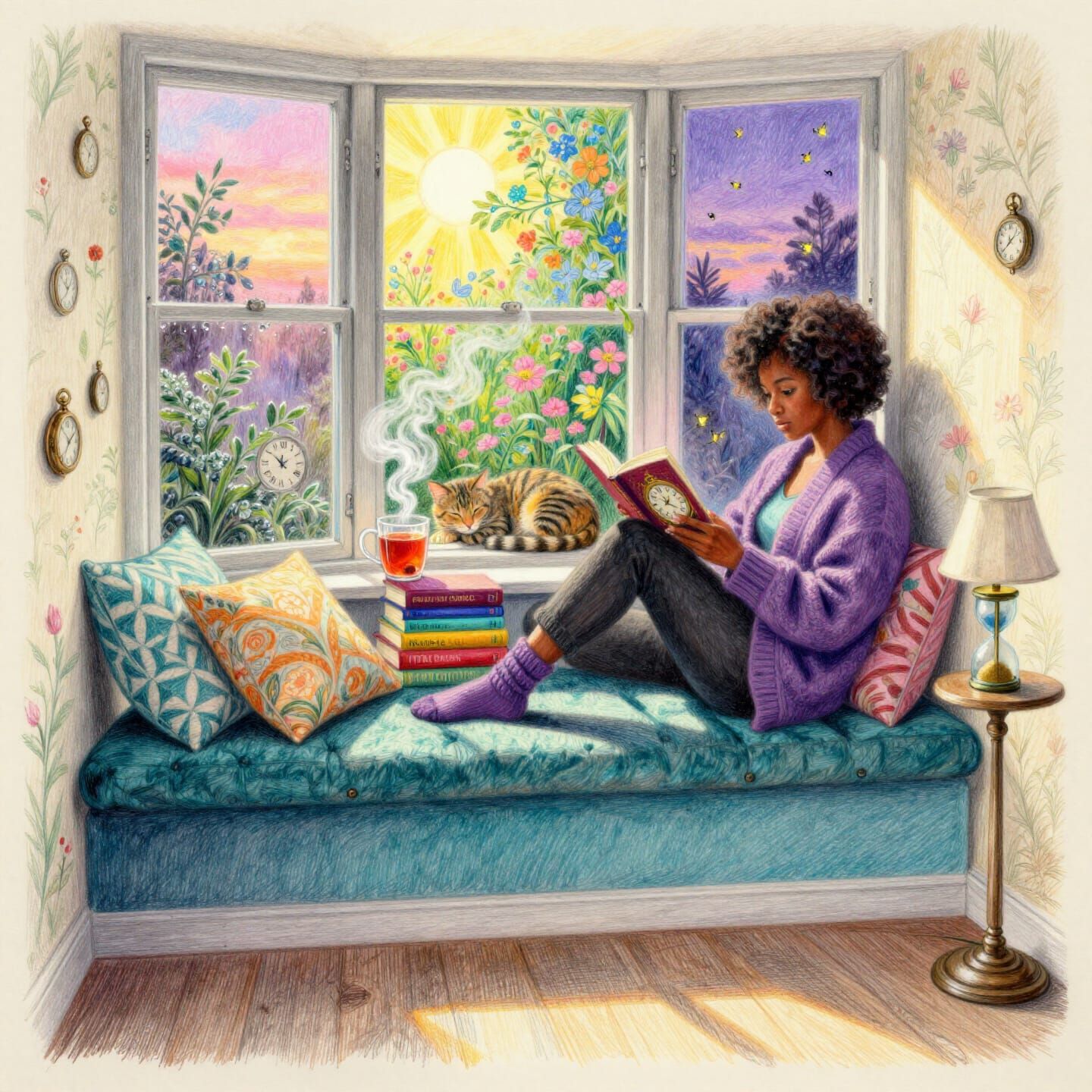 Mixed Media Drawing of a Window Seat Showing Multiple Times