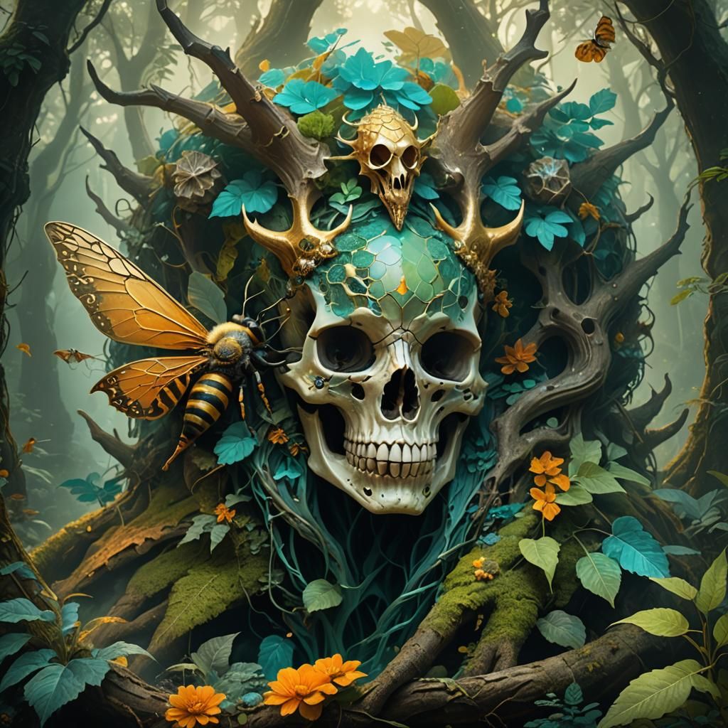 Bee Queen Sleeps in Dragon Skull, Fantasy Art