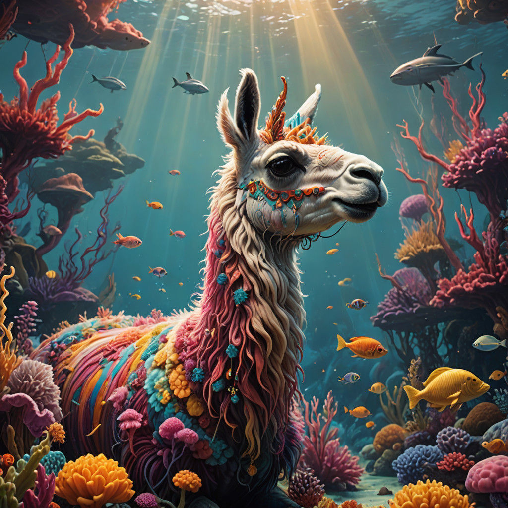 Majestic Llama Submarine Conquest in Vibrant Dreamlike Lands...