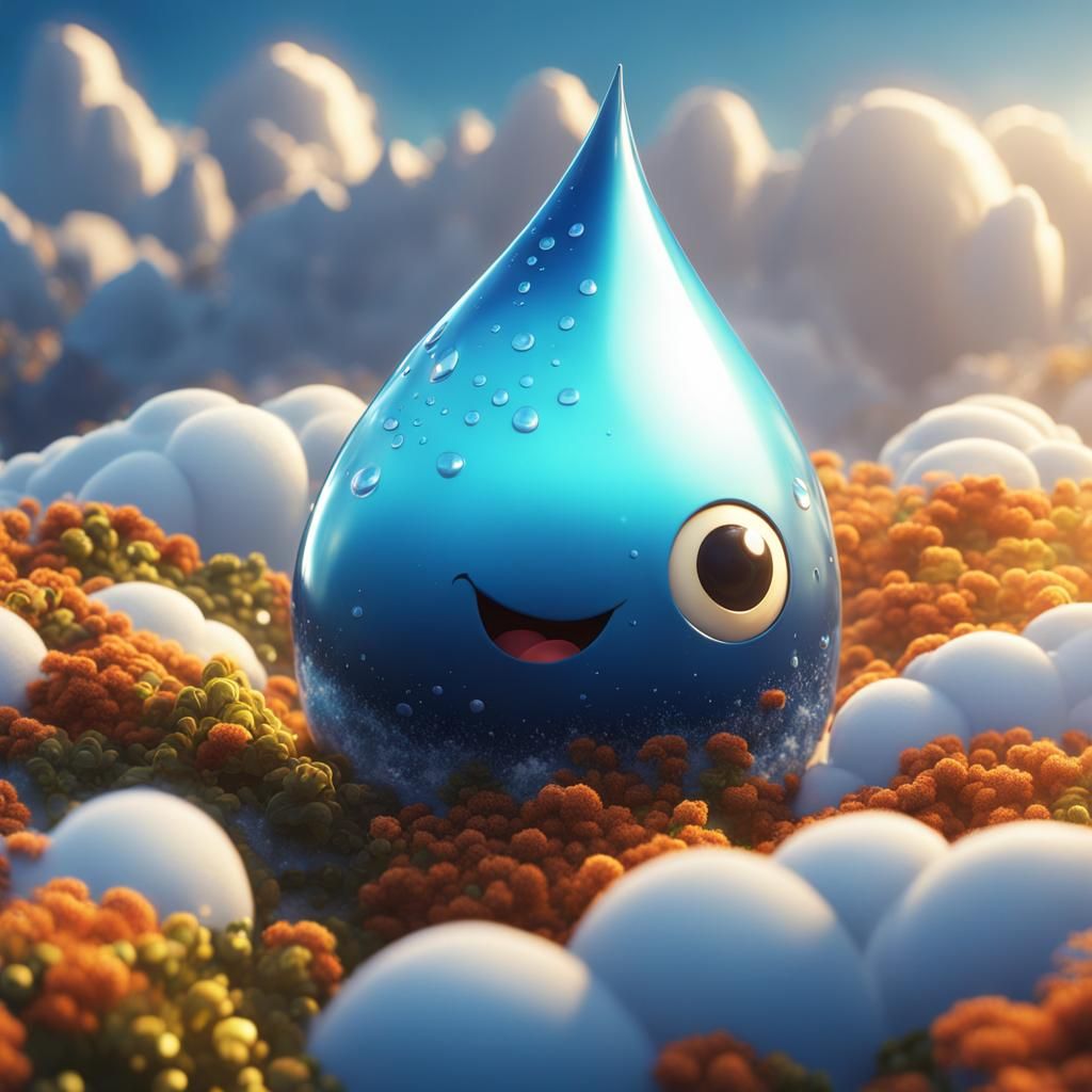 Cute Water Drop Cartoon in Sunlight, Digital Art