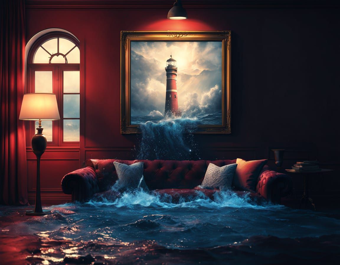 Flooded Room with Lighthouse Painting in Cinematic Style