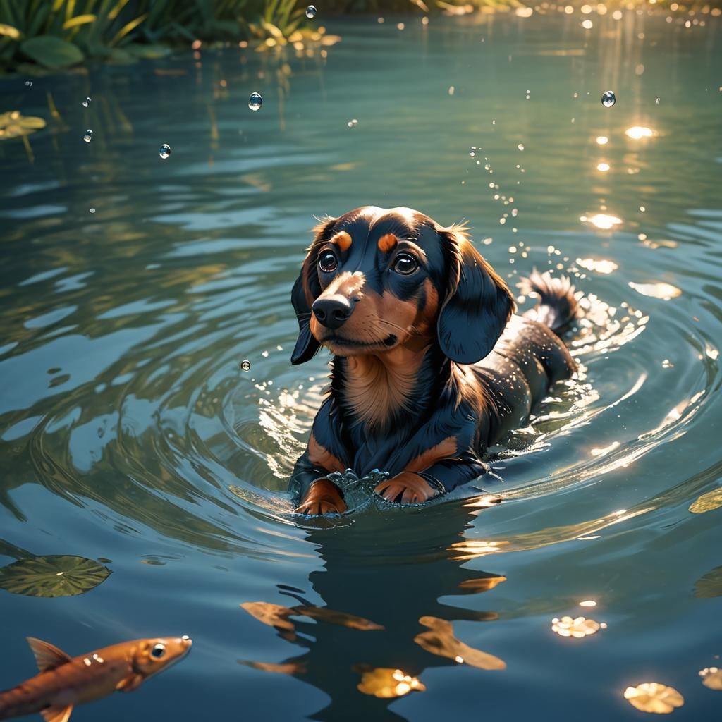 Dachshund Swimming in Lake: Vibrant 3D Anime Art