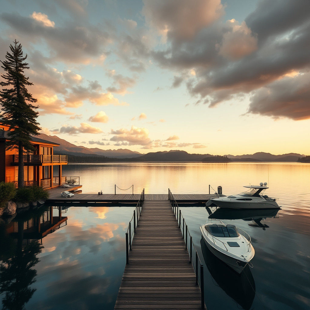 Lakefront Villa with Yacht Dock in Cinematic Style