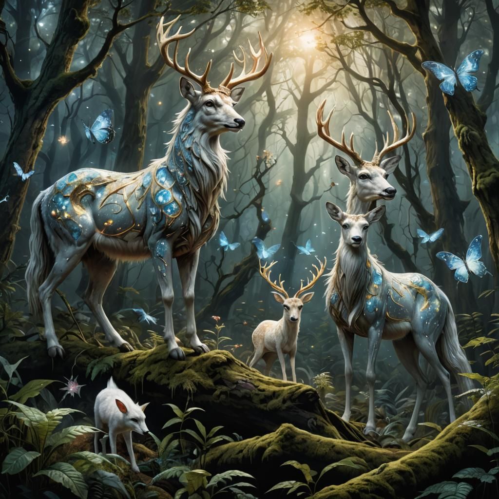 Ethereal Guardians Roam a Translucent Forest