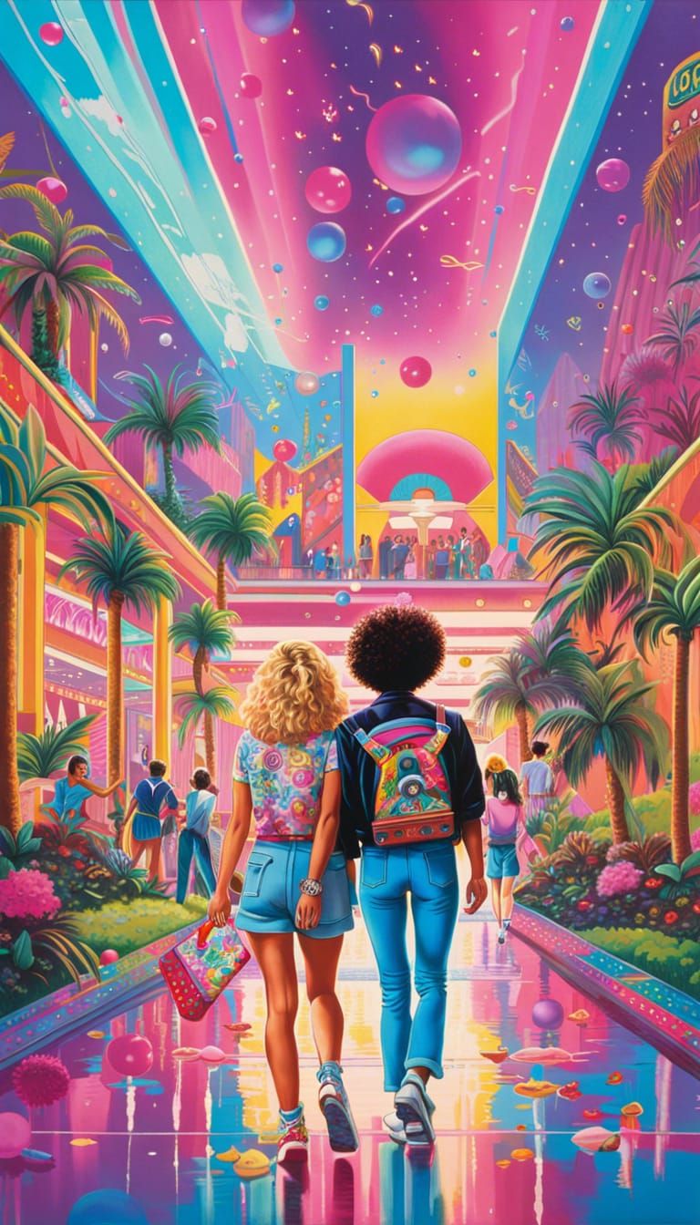 Best Friends in 80s Mall Scene, Lisa Frank Style