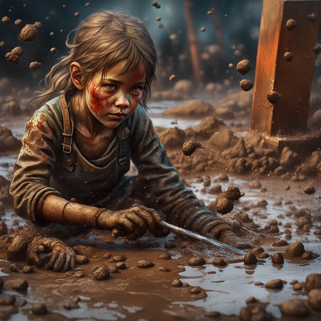 Girl Playing in Mud: Impasto Palette Knife Painting