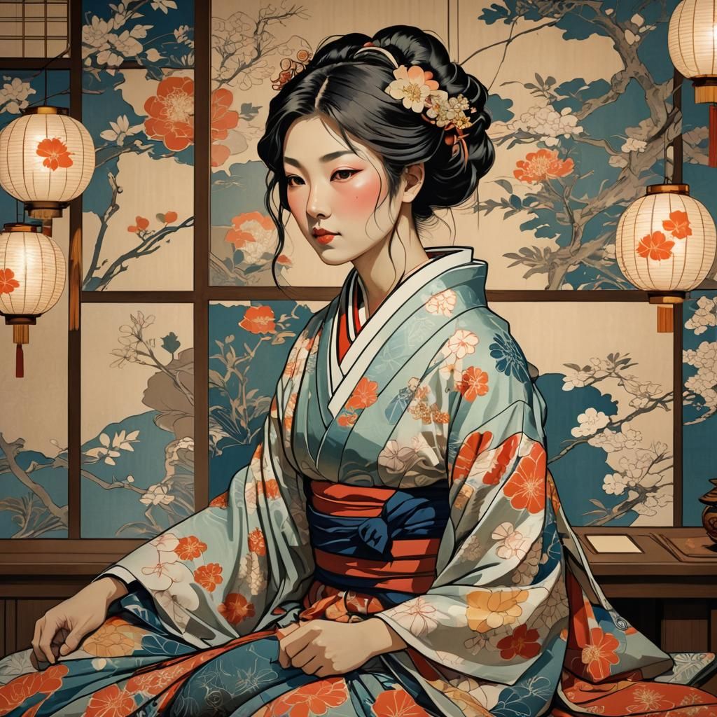 Ukiyo-e Woman in Kimono Portrait