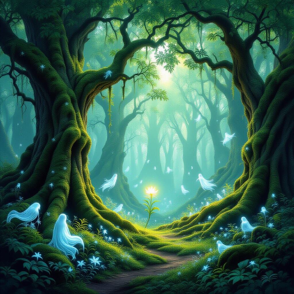 Enchanted Forest Cathedral with Dancing Spirits