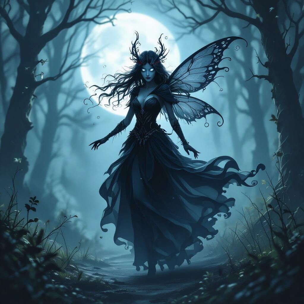 Shadow Fairy Dances in Moonlit Forest, Dark Fantasy Art