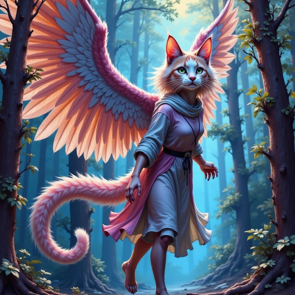 Winged Angelic Feline Descends in Dreamscape