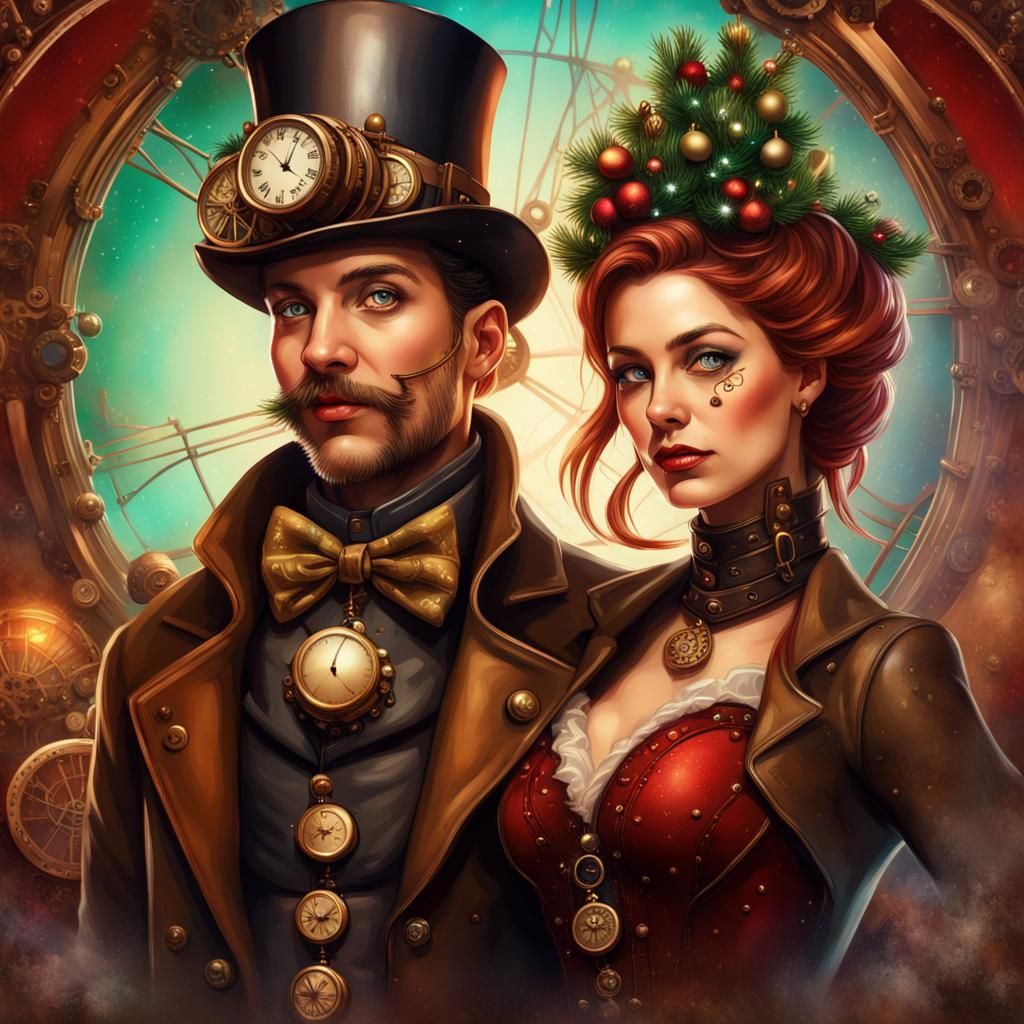 Steampunk Christmas Couple with Decorations