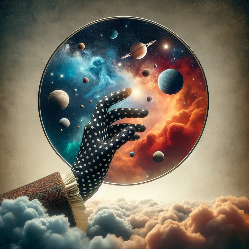 Hand Framing a Cosmic Scene with Polka Dot Glove