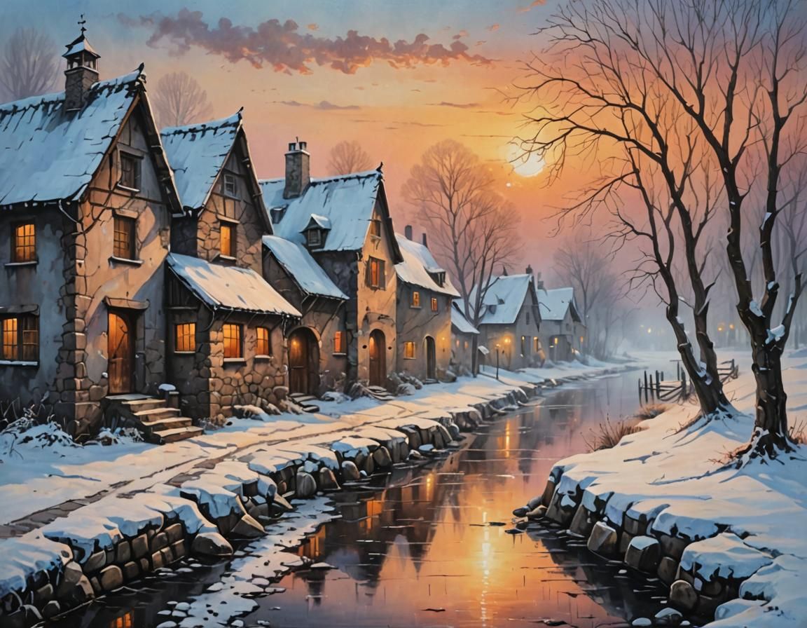 Winter Village Alley Acrylic Painting with Fog