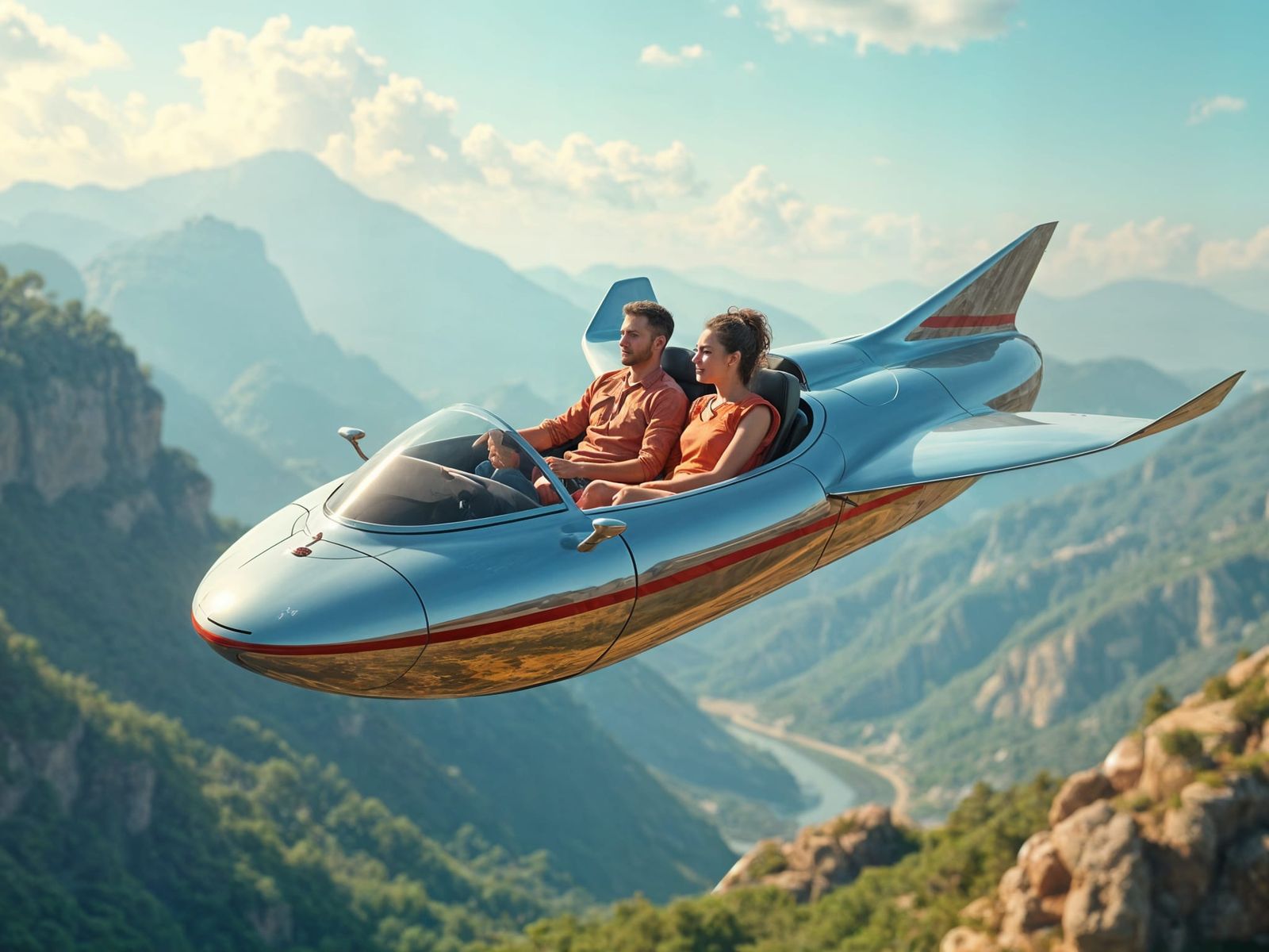 Realistic Futuristic Flying Car Over Beautiful Landscape