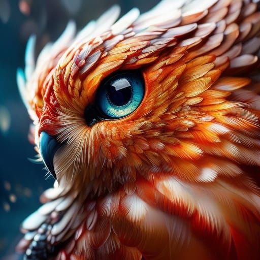 Chibi Red Fire Owl Portrait in Gouache Style
