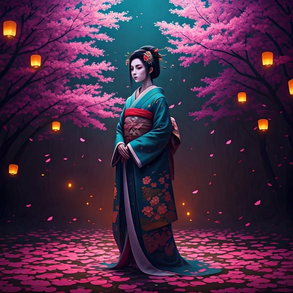 Geisha in Neon Cherry Blossom Forest